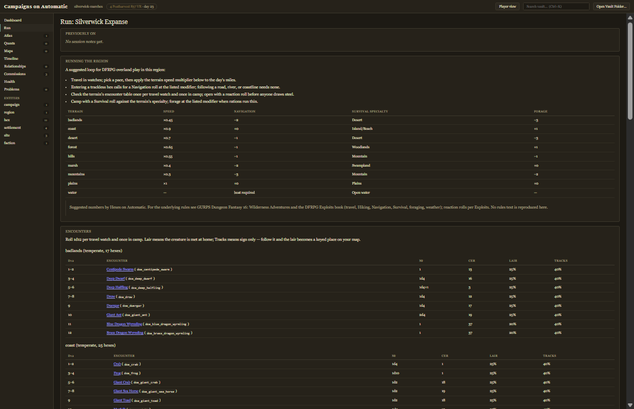 The Campaigns on Automatic run view for a region: previously-on panel, travel rules table, and per-terrain encounter tables with linked monsters, dealt from the vault.